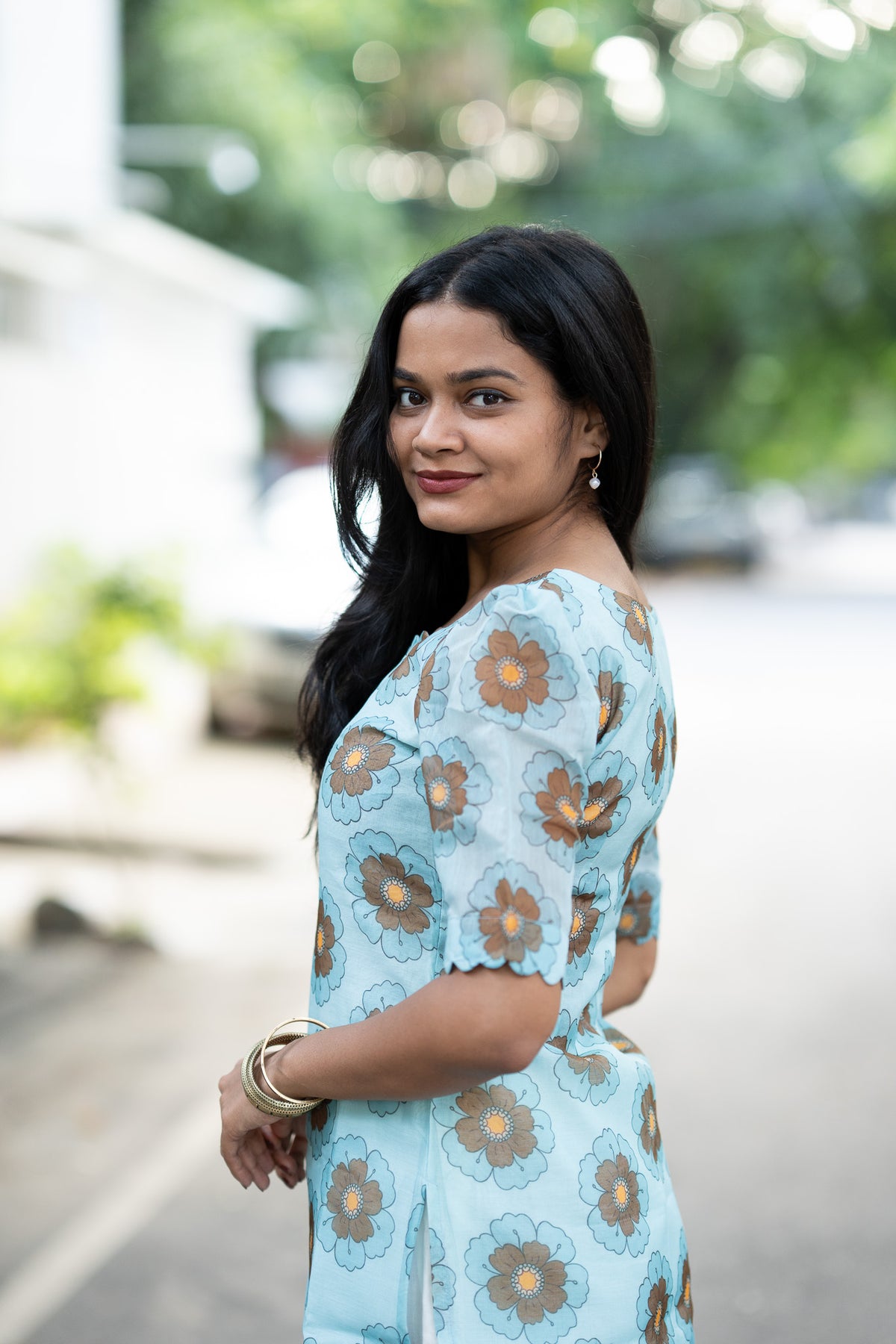 Sky Blue Floral Chanderi Kurti Set