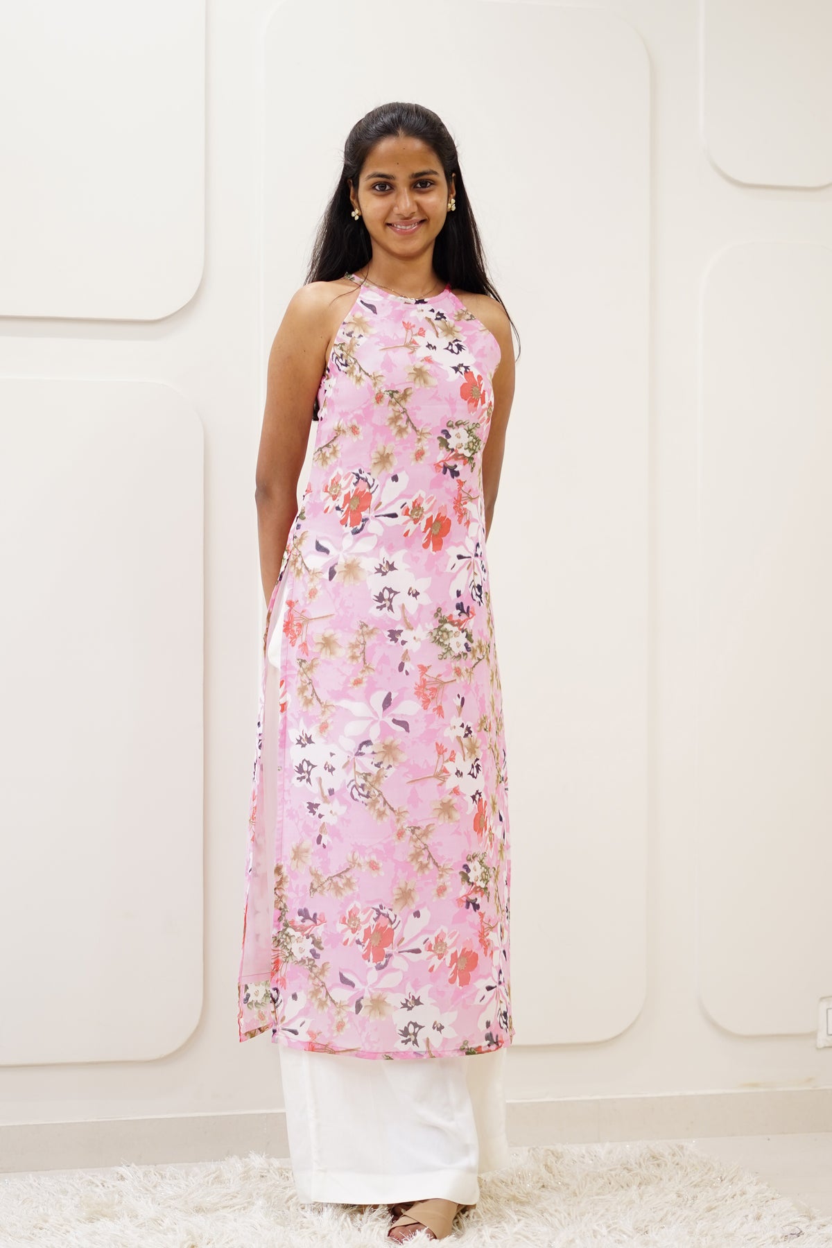 Pink Floral Korean Style Kurti Set