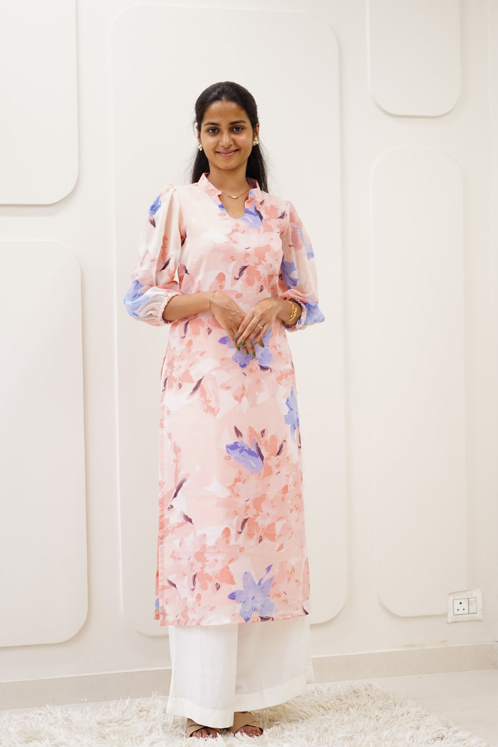 Peach Floral Korean Style Kurti Set
