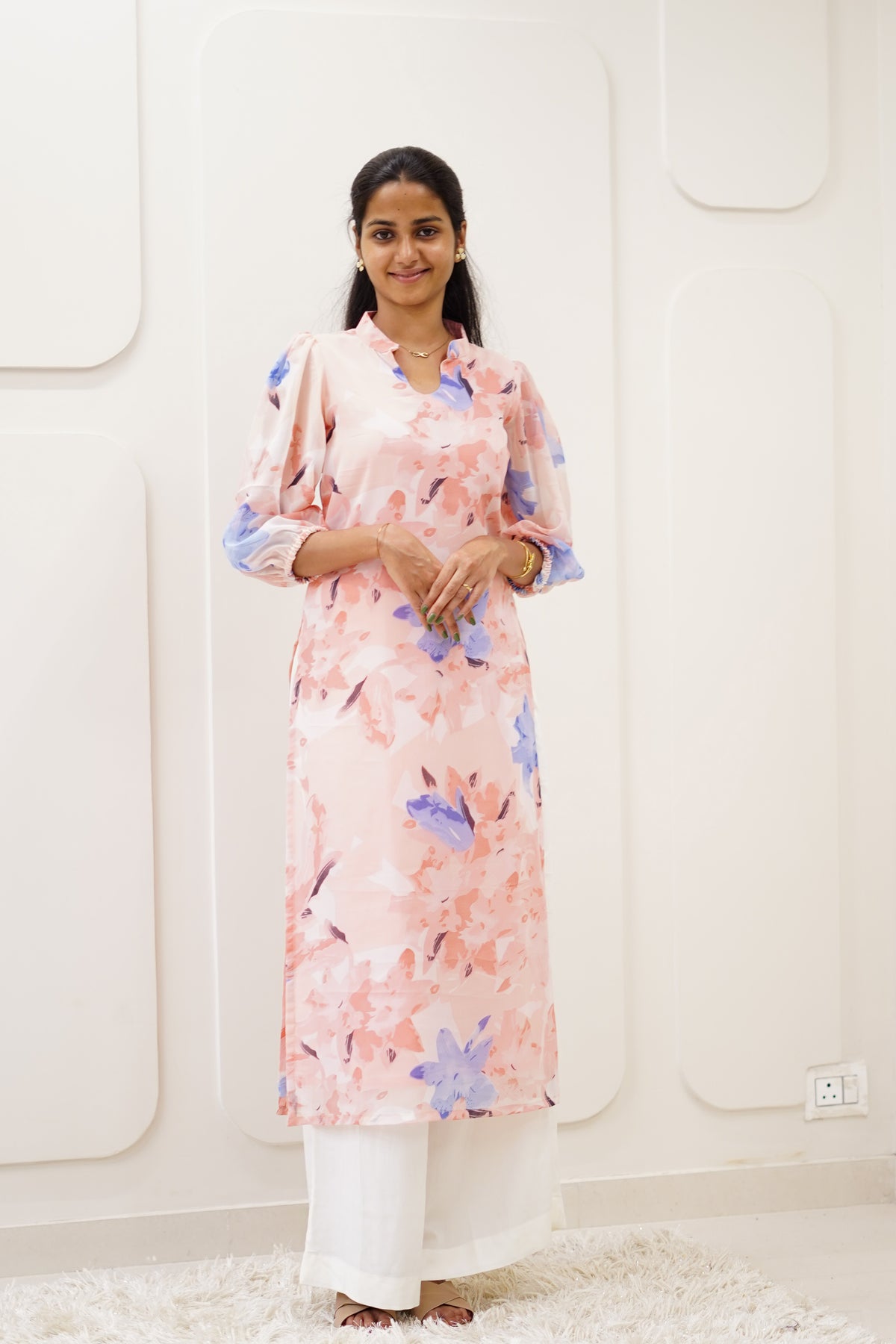 Peach Floral Korean Style Kurti Set