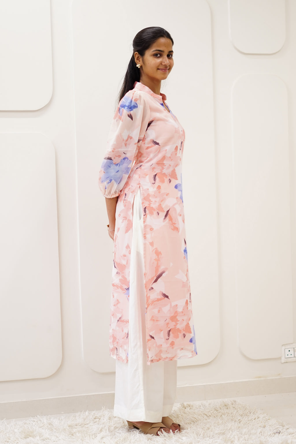 Peach Floral Korean Style Kurti Set