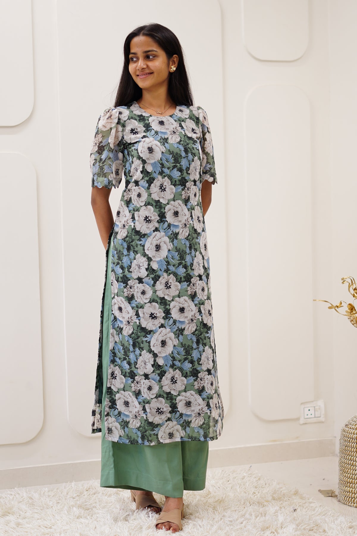 Sage Floral Korean Style Kurti Set