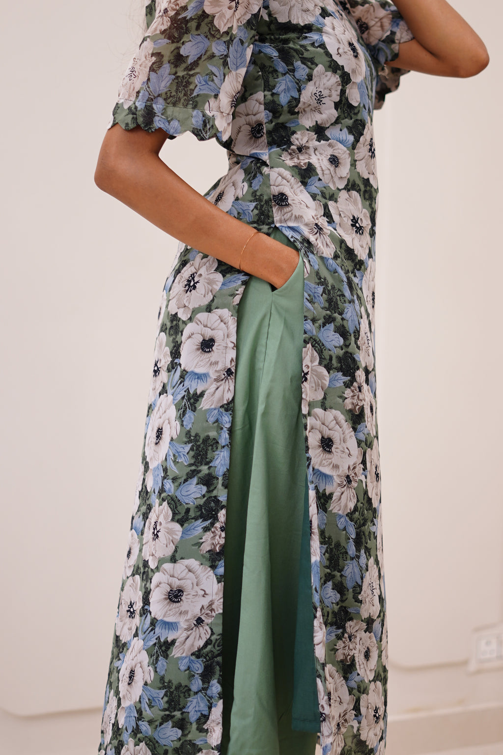 Sage Floral Korean Style Kurti Set