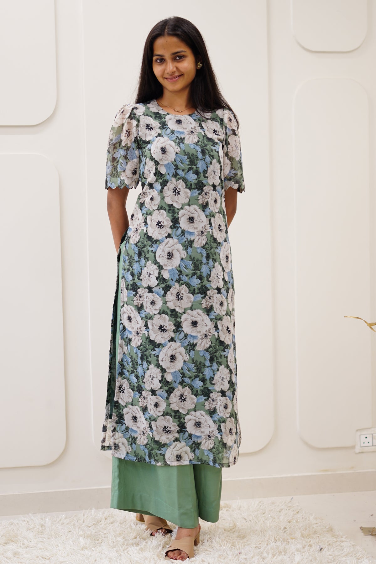 Sage Floral Korean Style Kurti Set