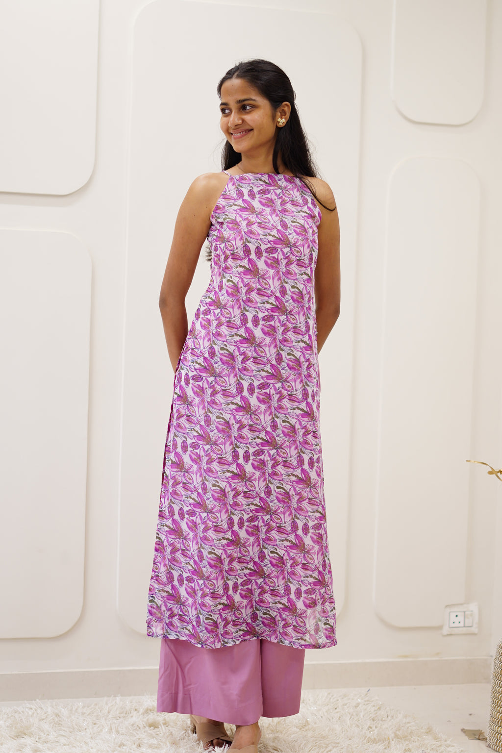 Pink Floral Korean Style Kurti Set