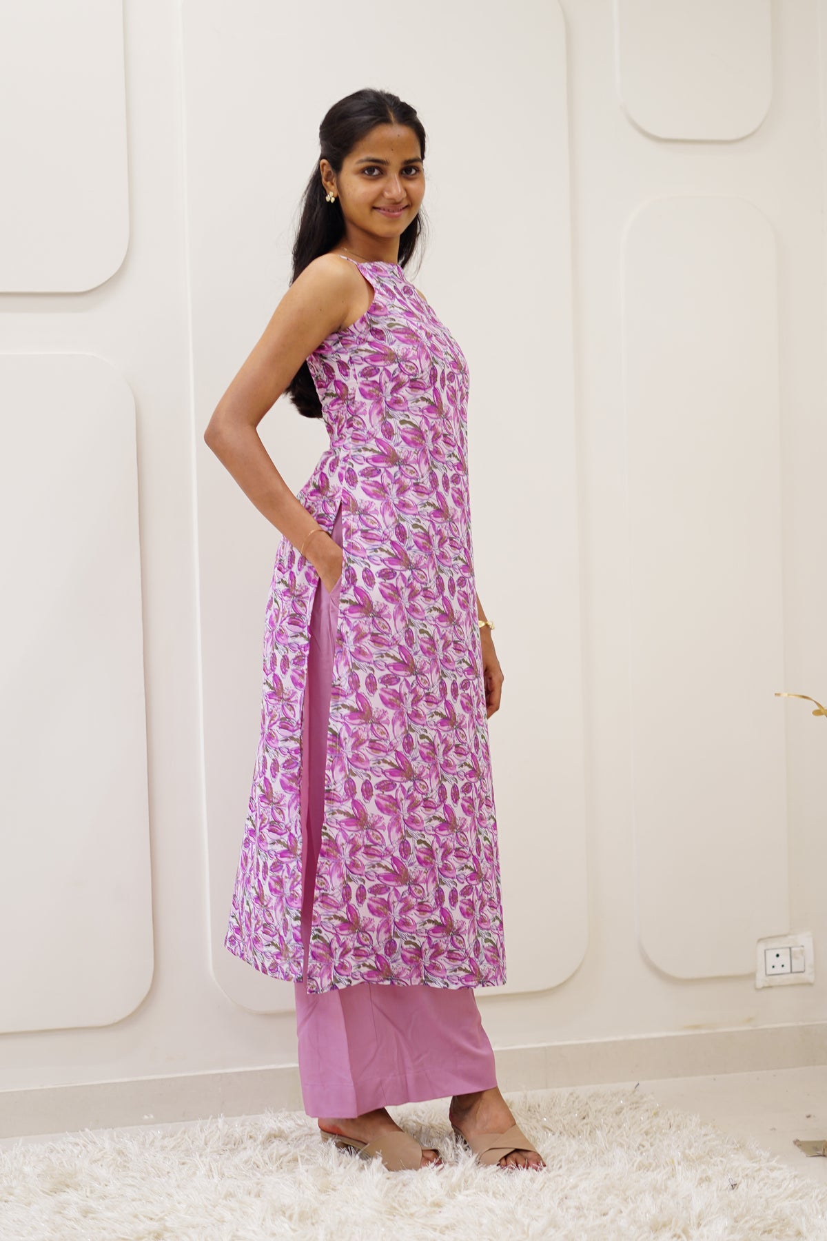 Pink Floral Korean Style Kurti Set