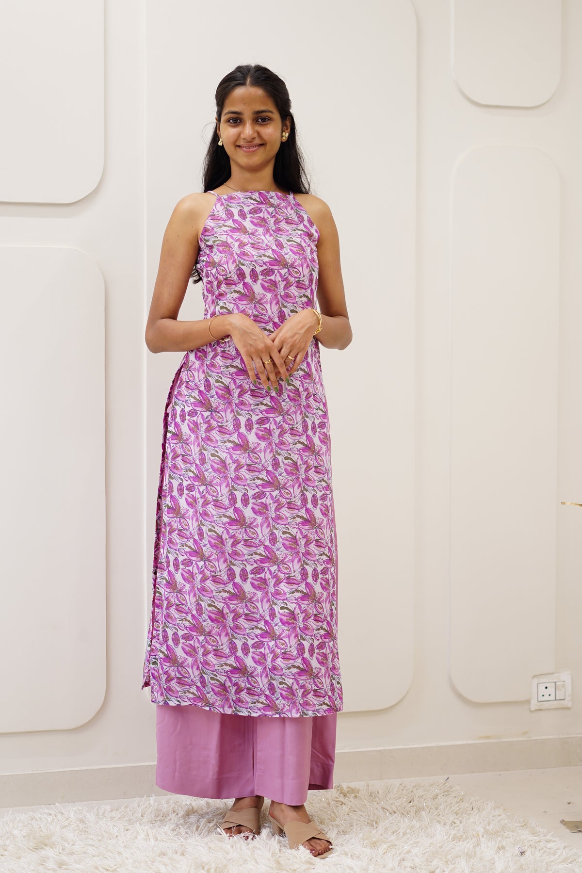 Pink Floral Korean Style Kurti Set