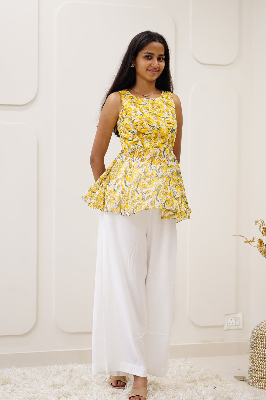 Yellow Floral Korean Style Kurti Set