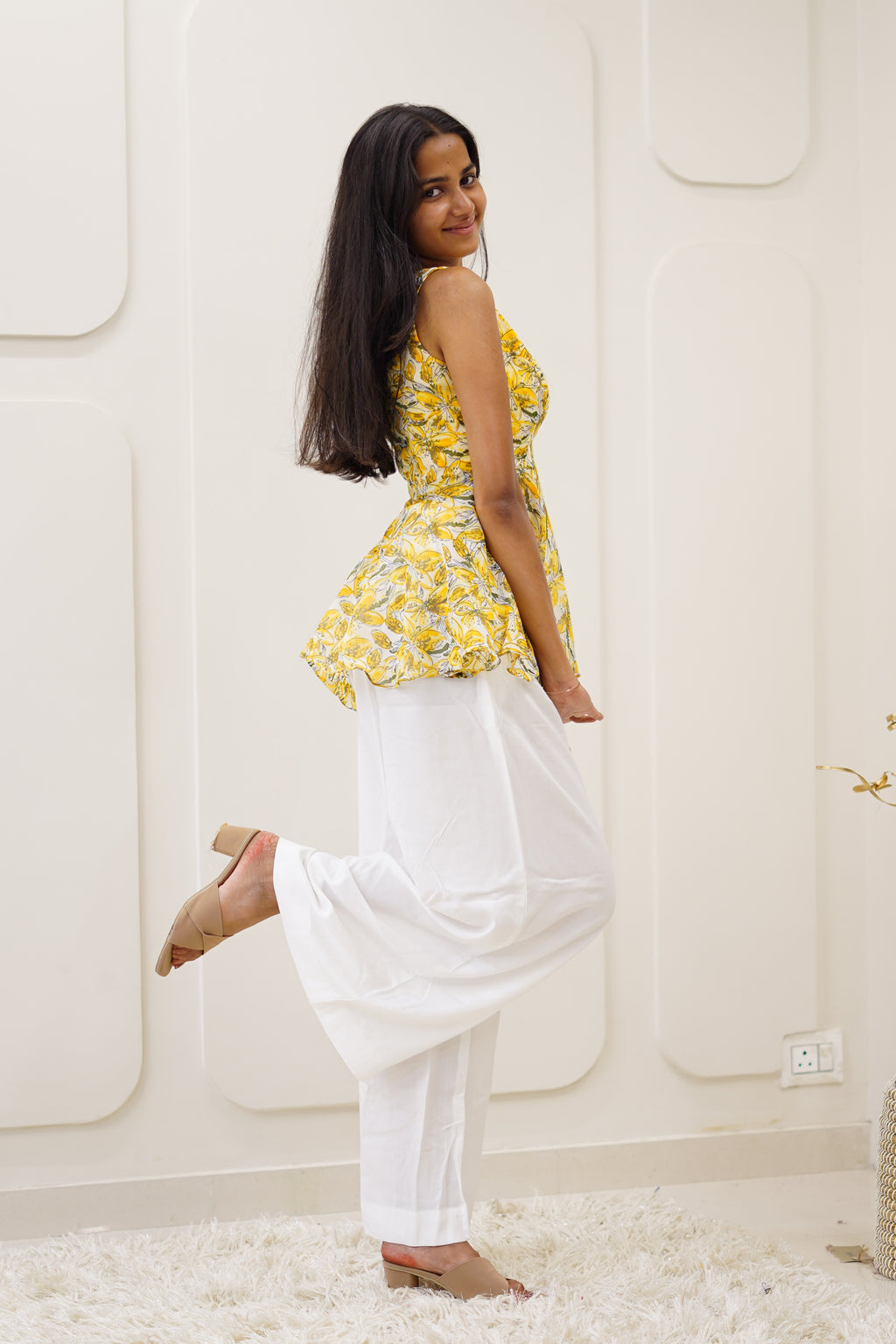 Yellow Floral Korean Style Kurti Set