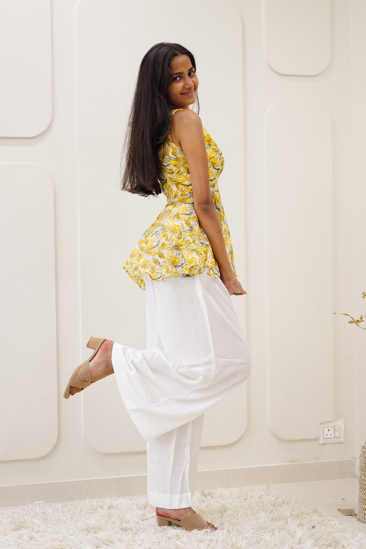 Yellow Floral Korean Style Kurti Set