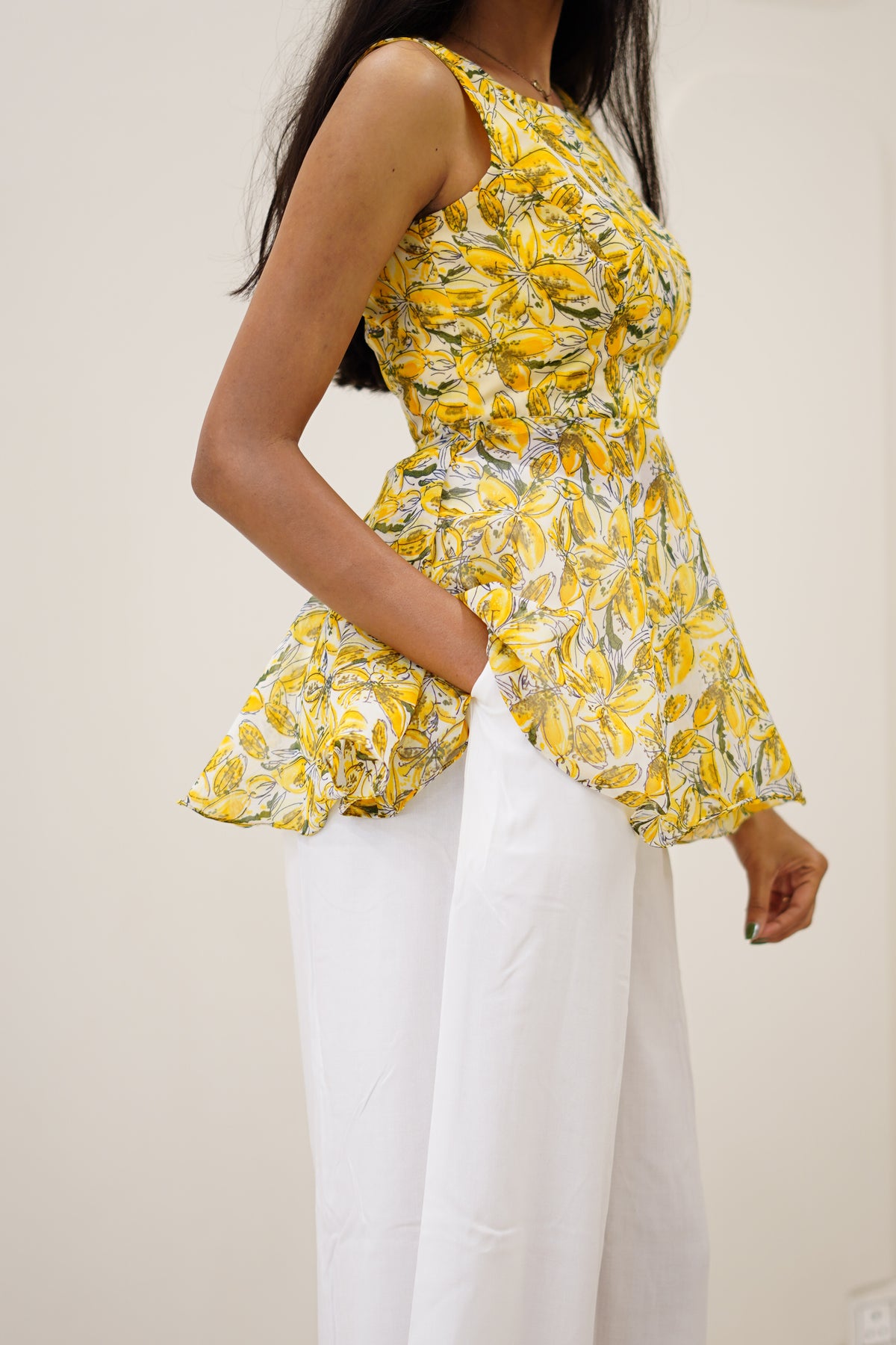 Yellow Floral Korean Style Kurti Set