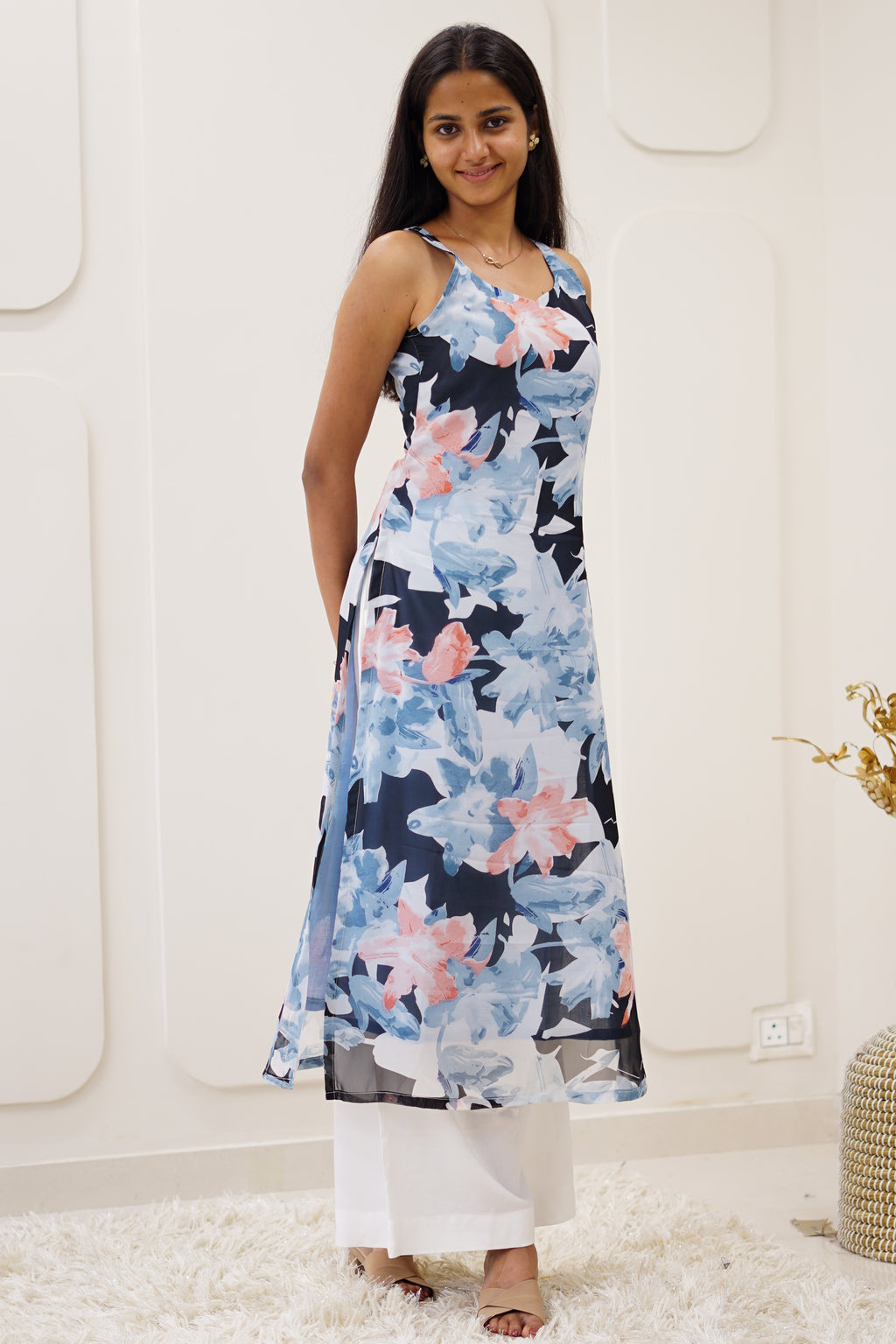 Navy Floral Korean Style Kurti Set