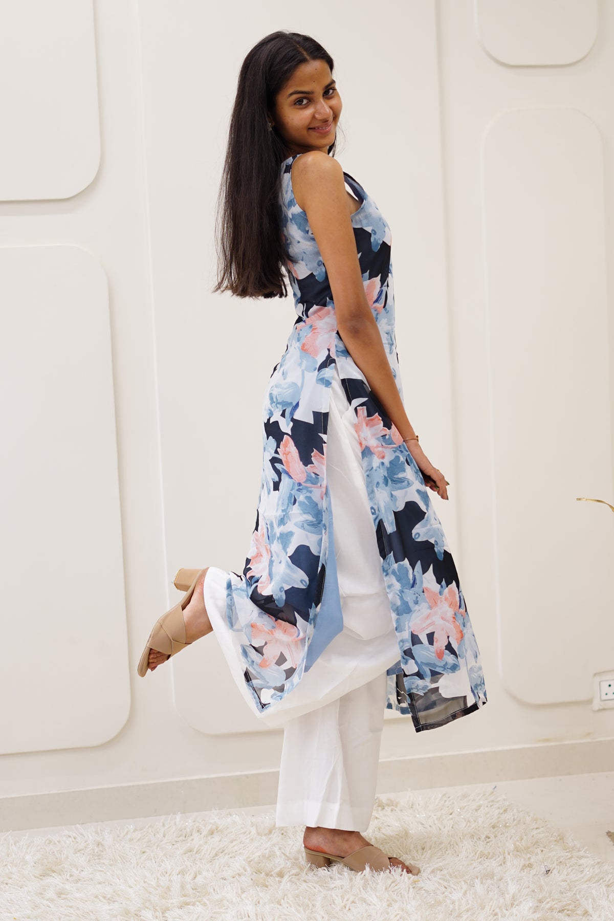 Navy Floral Korean Style Kurti Set