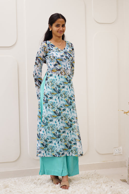 Aqua Abstract Korean Style Kurti Set