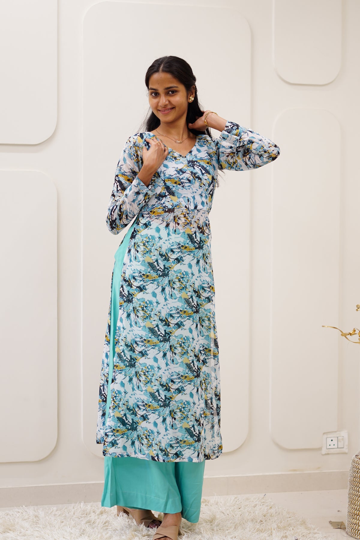 Aqua Abstract Korean Style Kurti Set