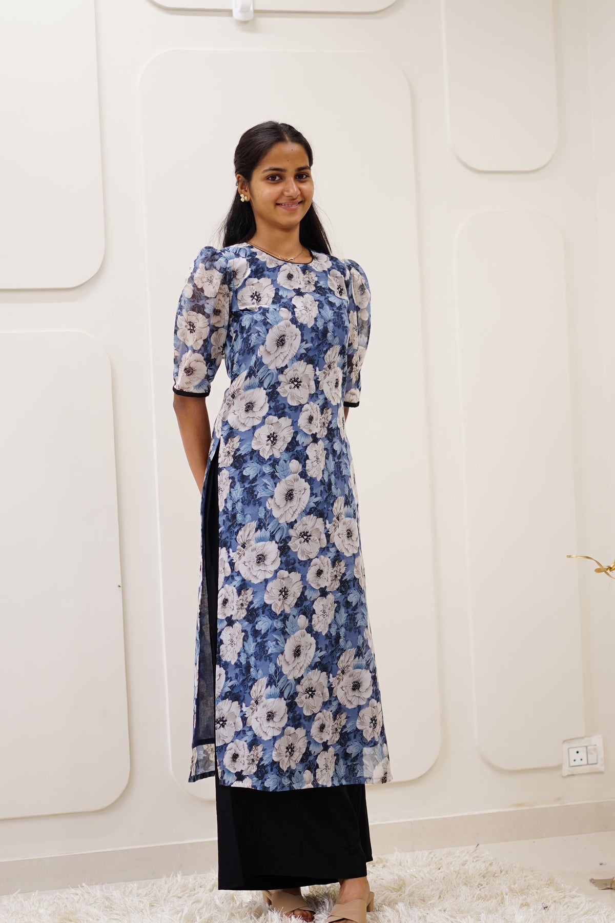 Blue Floral Korean Style Kurti Set