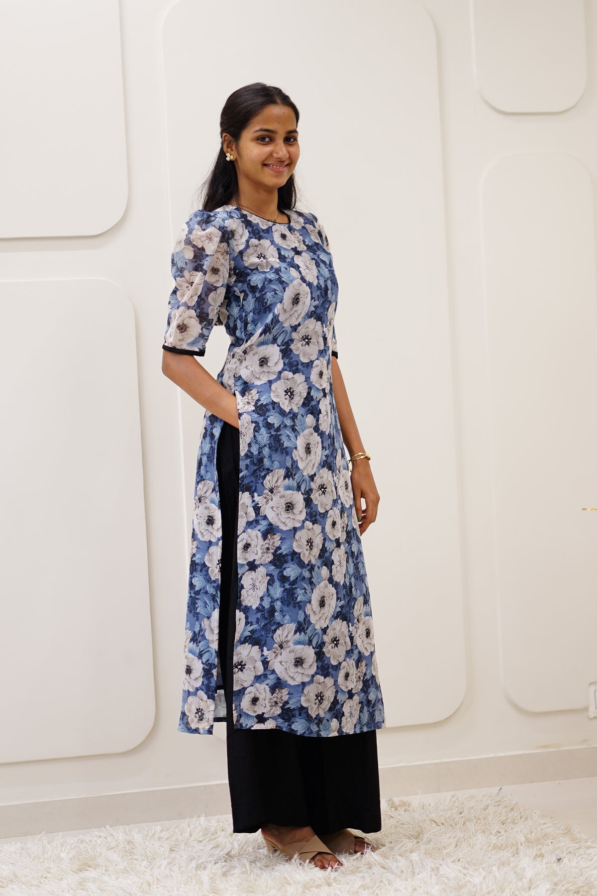 Blue Floral Korean Style Kurti Set