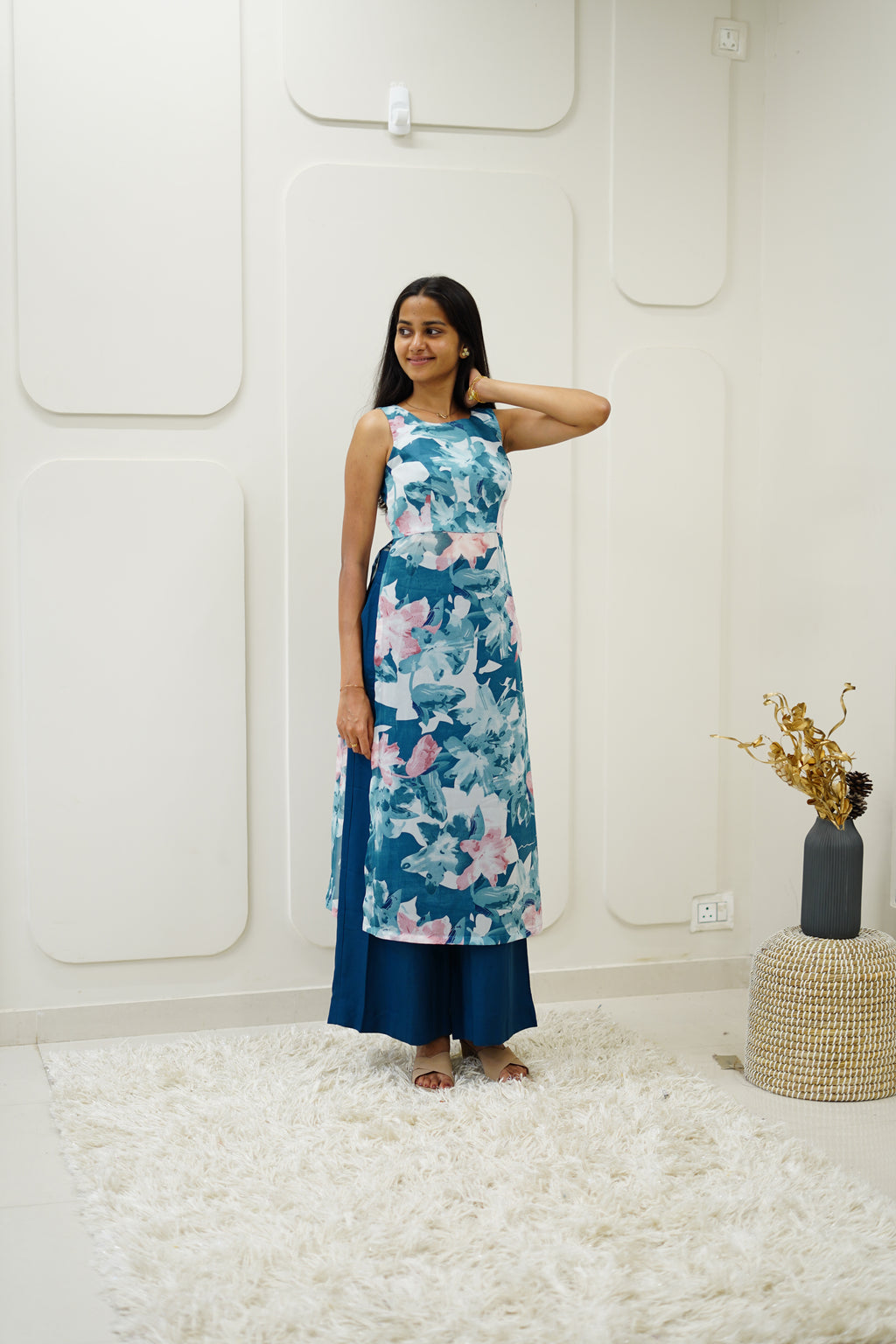 Teal Floral Korean Style Kurti Set