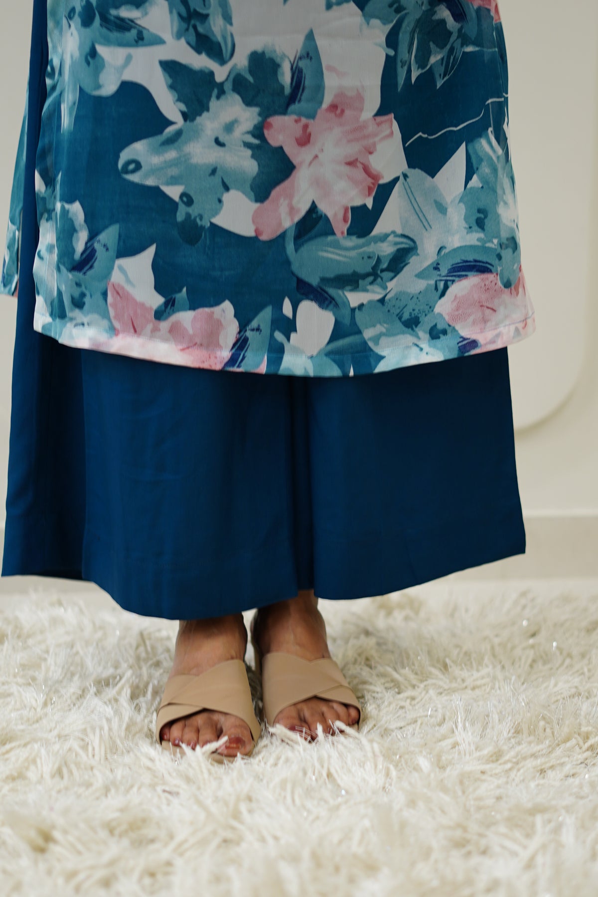 Teal Floral Korean Style Kurti Set