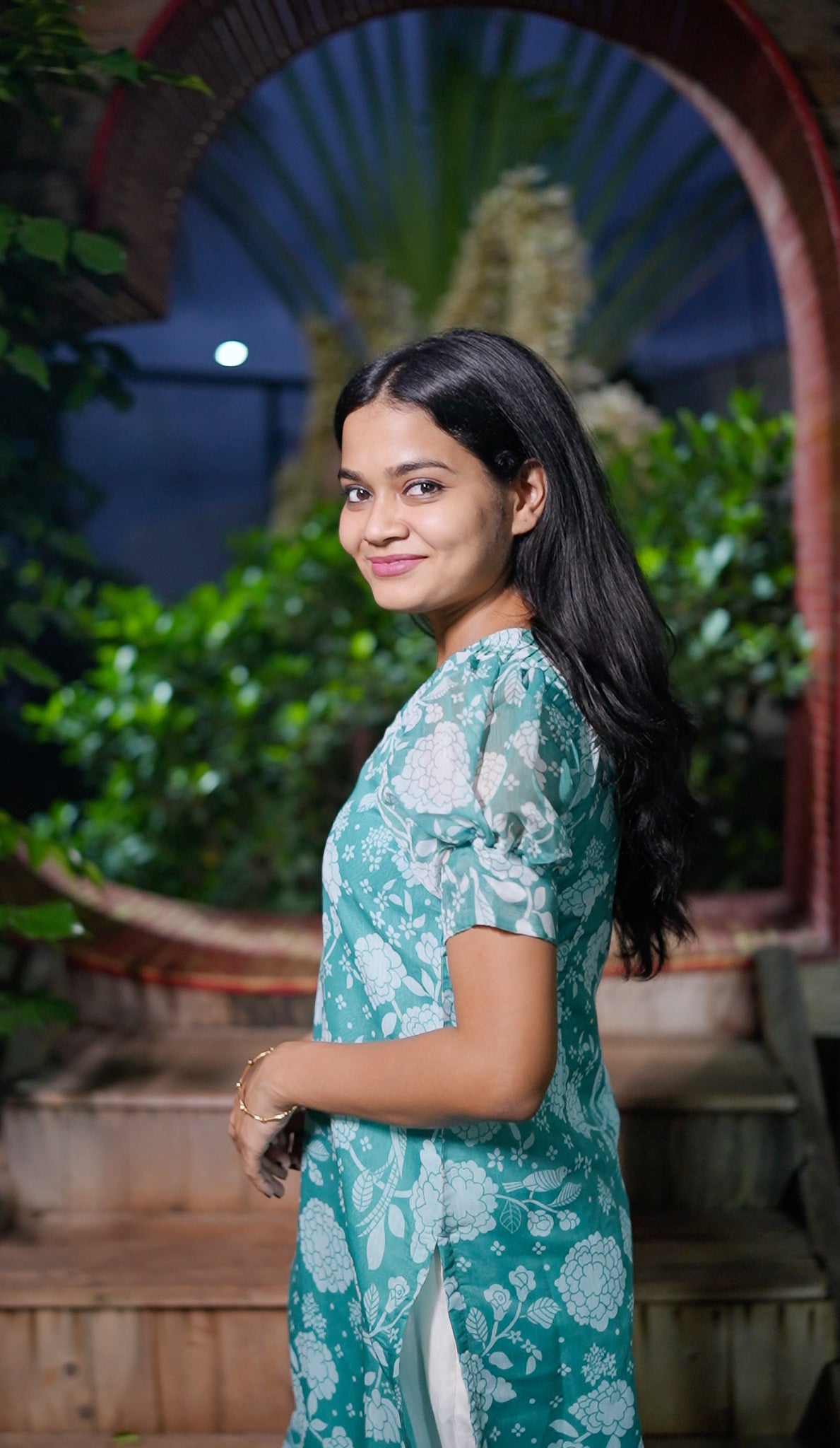 Aqua Floral Chanderi Kurti Set