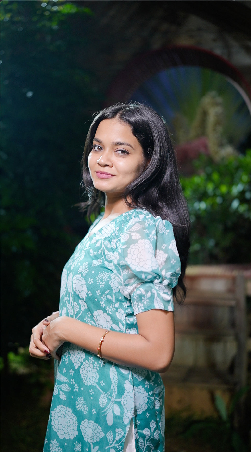 Aqua Floral Chanderi Kurti Set