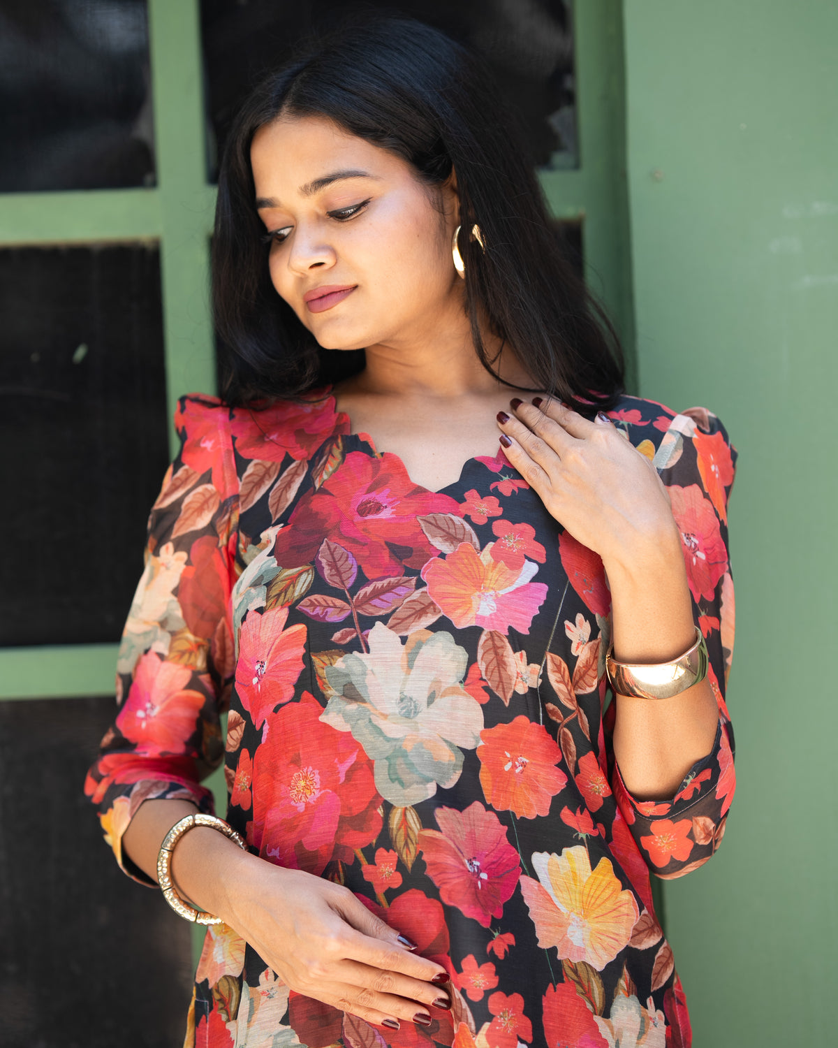 Black floral chenderi set