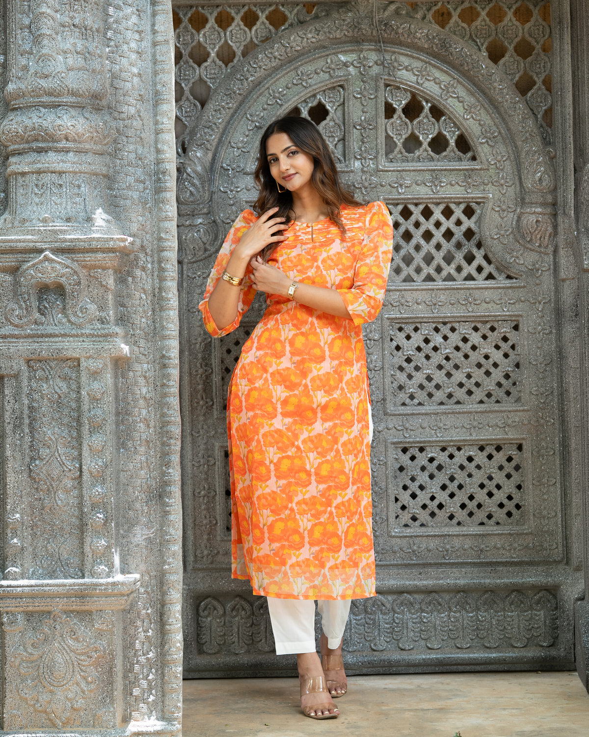 Orange Chanderi Kurti Set
