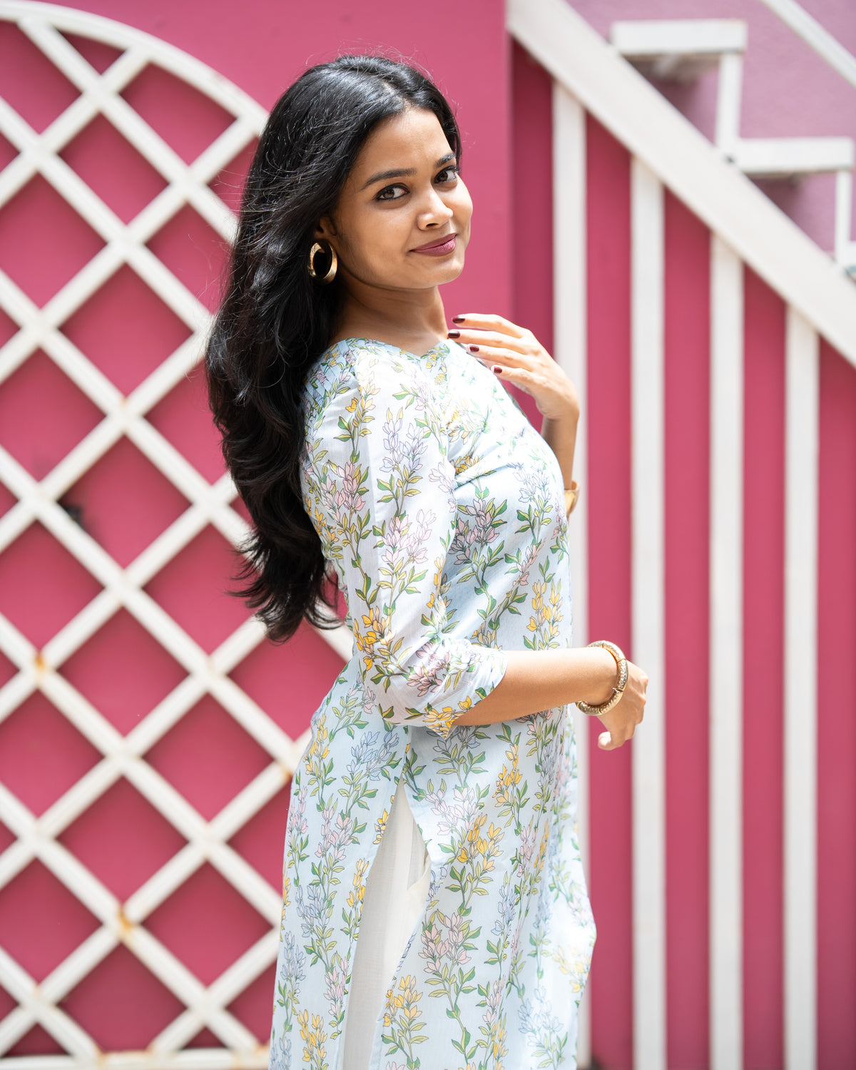 Blue Floral Chanderi Kurti Set