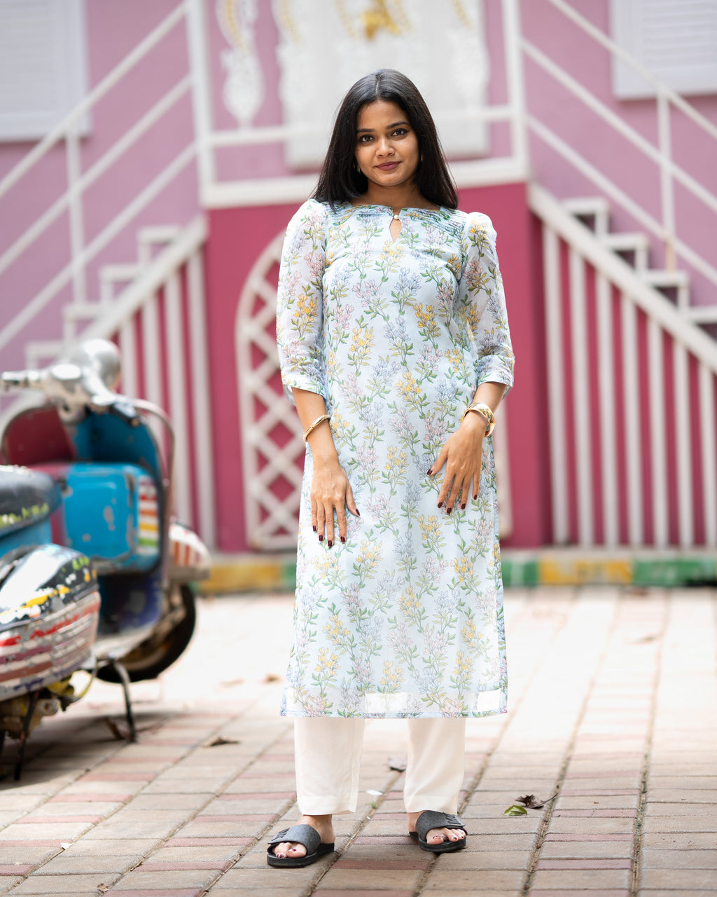 Blue Floral Chanderi Kurti Set