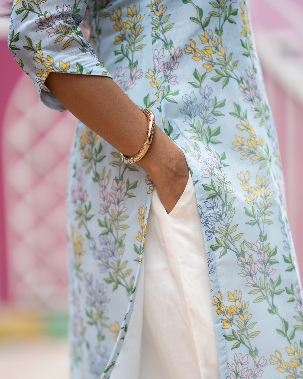 Blue Floral Chanderi Kurti Set