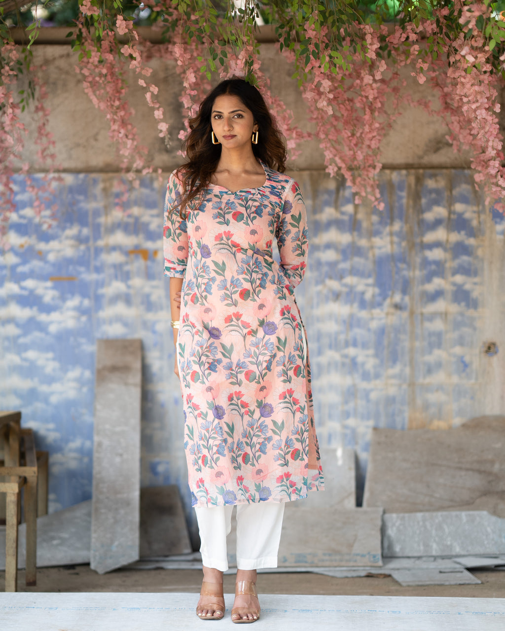 Pastel Floral Chanderi Kurti Set