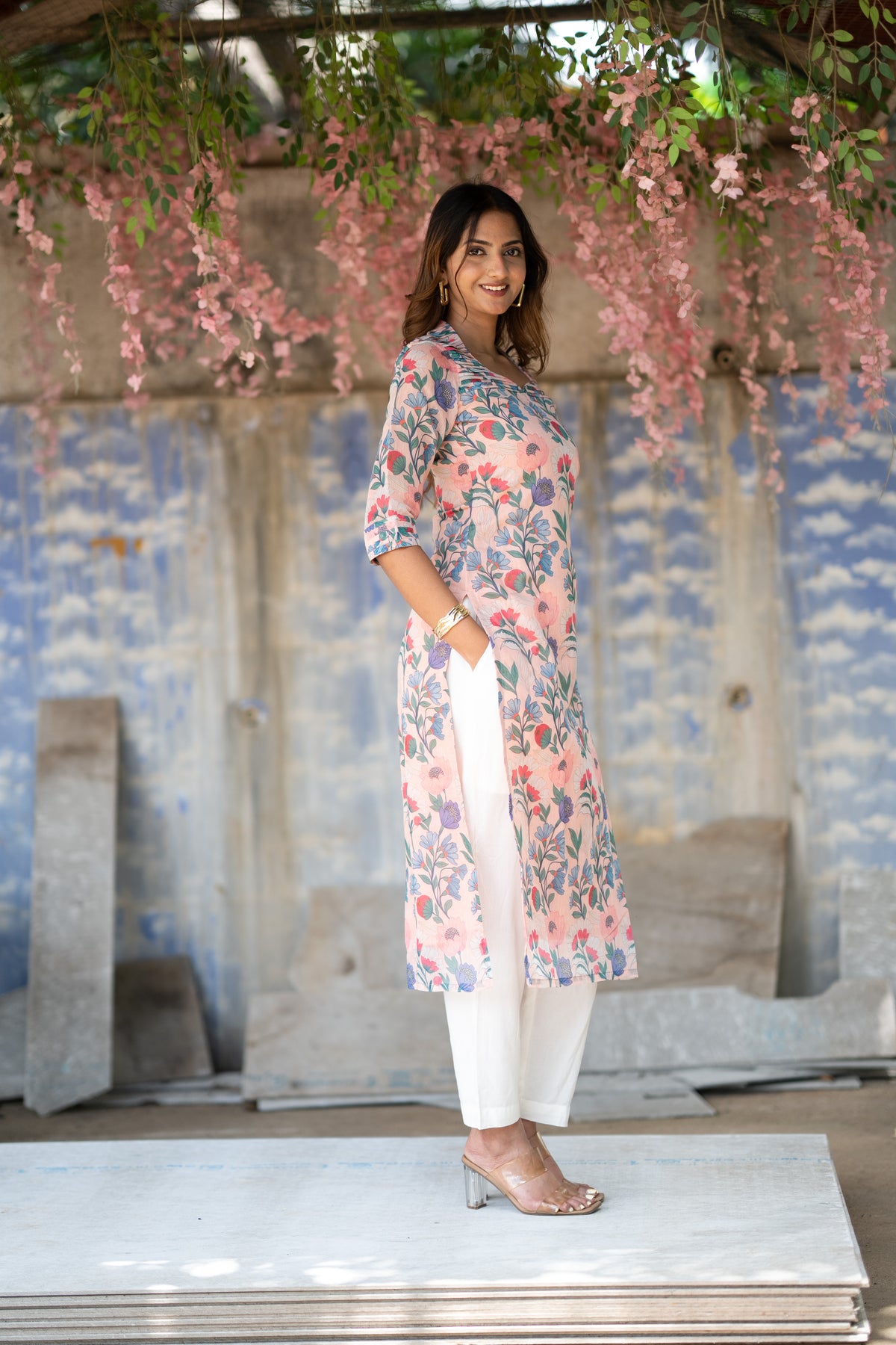 Pastel Floral Chanderi Kurti Set
