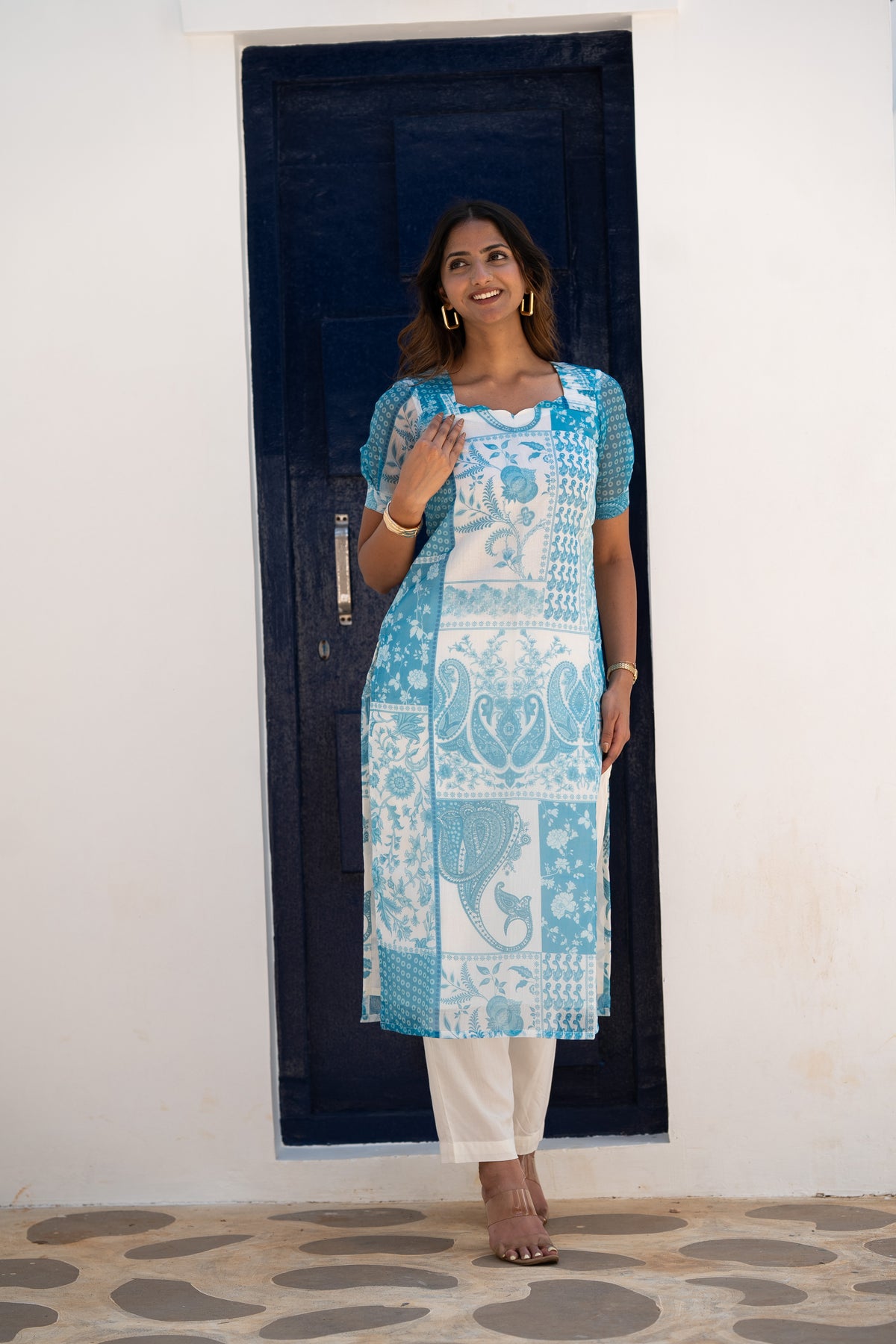 Blue Floral Chanderi Kurti Set