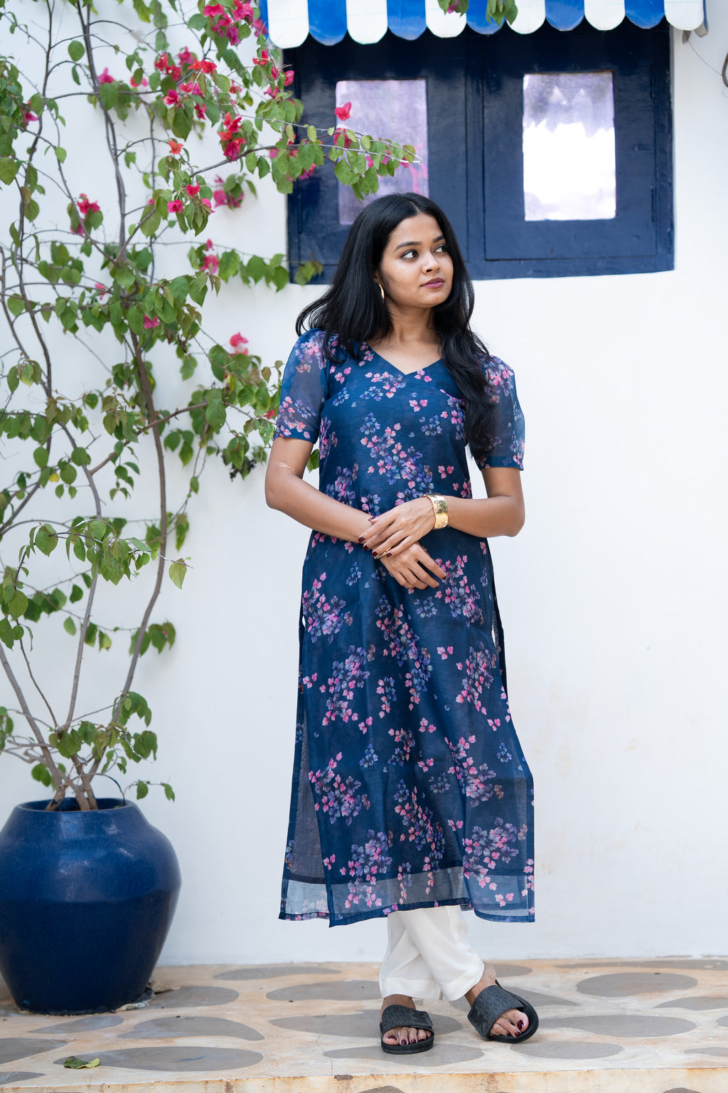 Navy Floral Chanderi Kurti Set
