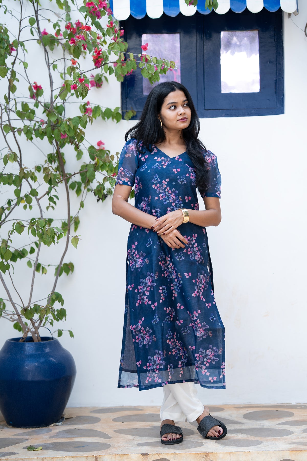 Navy Floral Chanderi Kurti Set