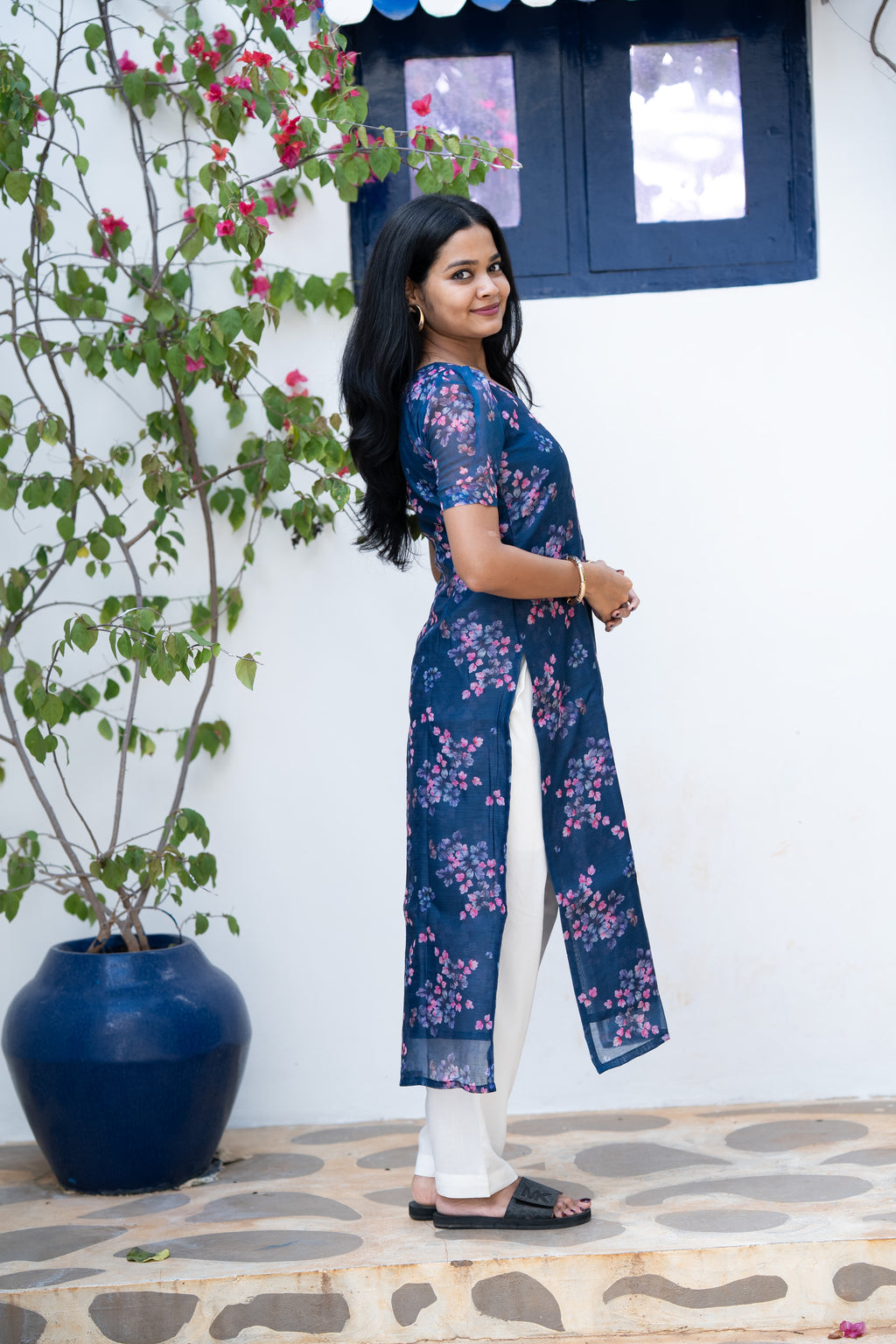 Navy Floral Chanderi Kurti Set