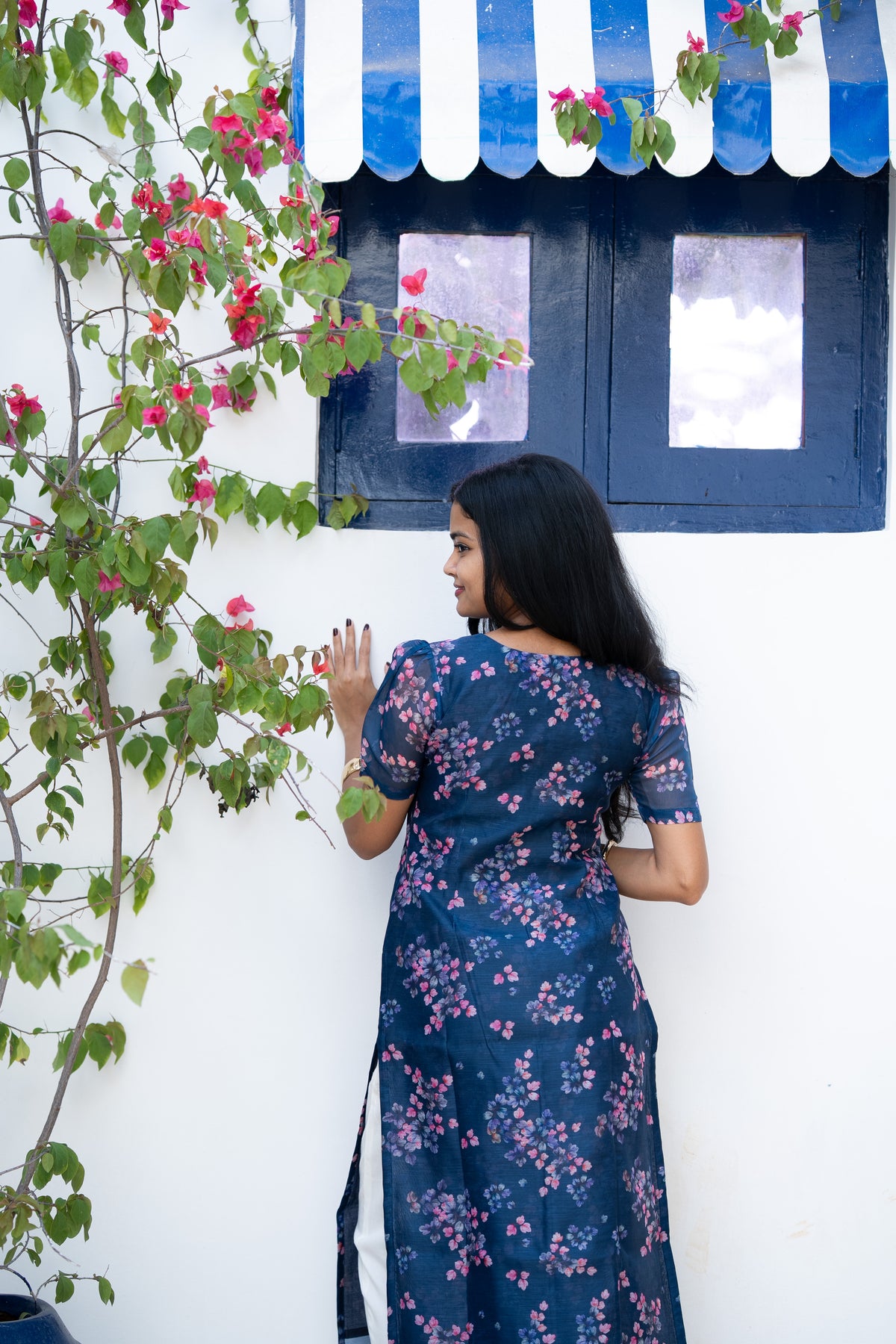 Navy Floral Chanderi Kurti Set