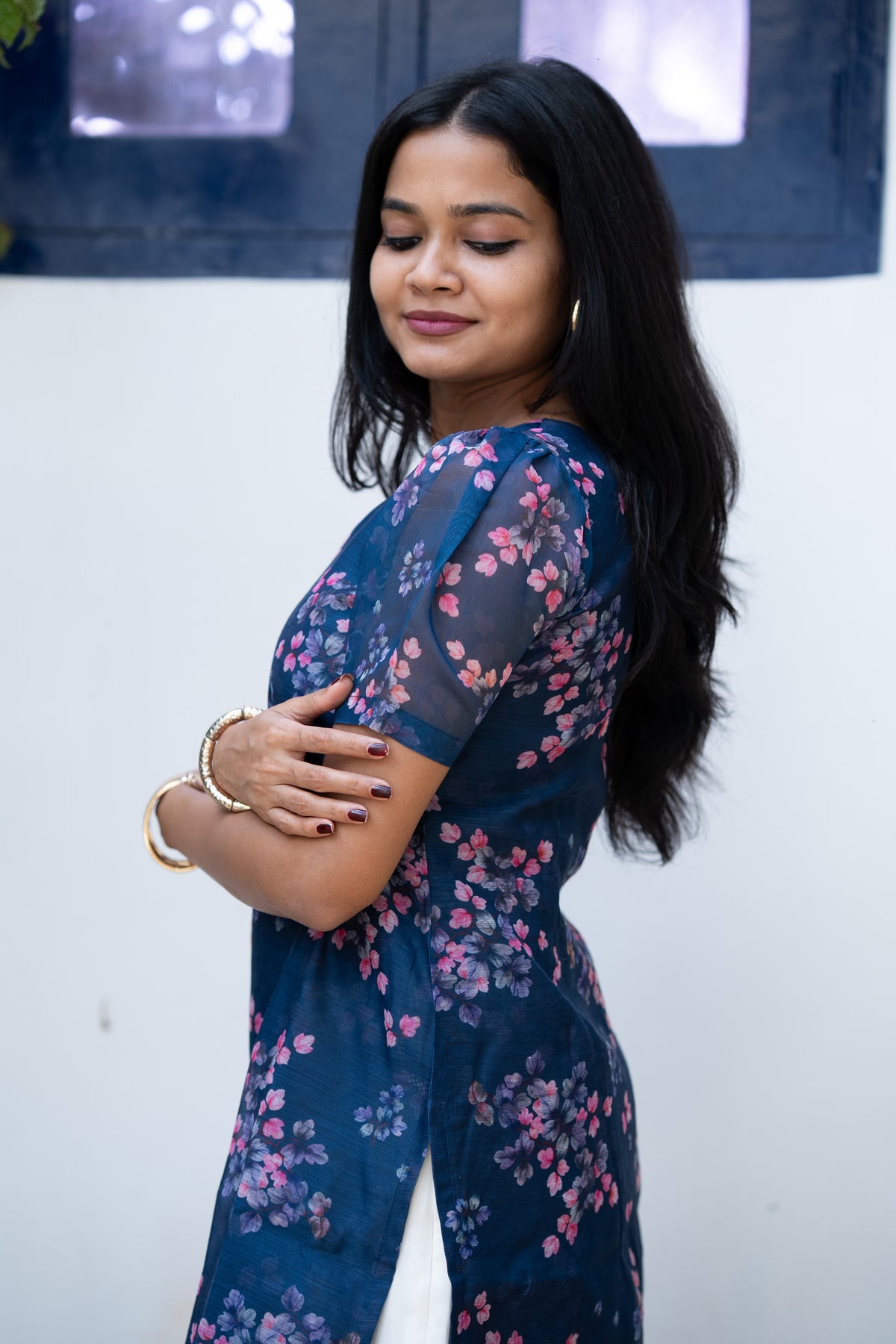 Navy Floral Chanderi Kurti Set