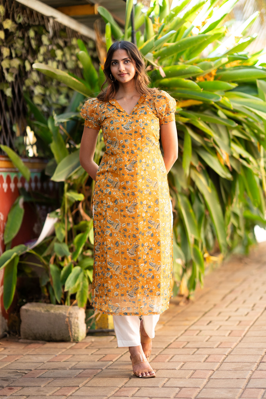 Mustard Peacock Chanderi Kurti Set
