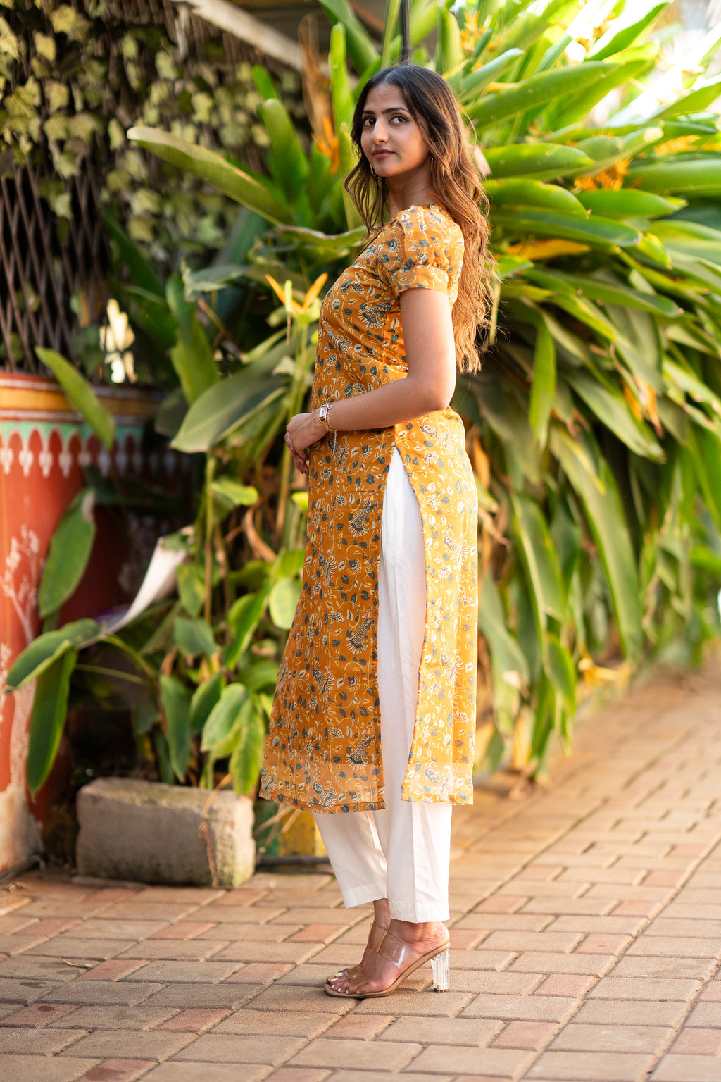 Mustard Peacock Chanderi Kurti Set