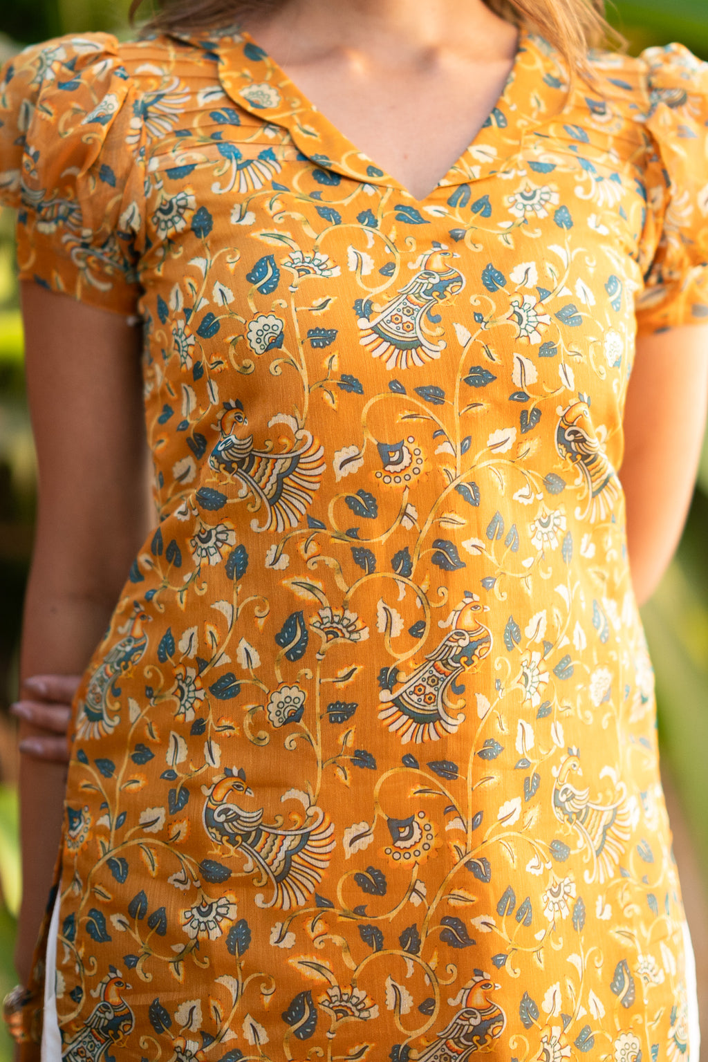 Mustard Peacock Chanderi Kurti Set