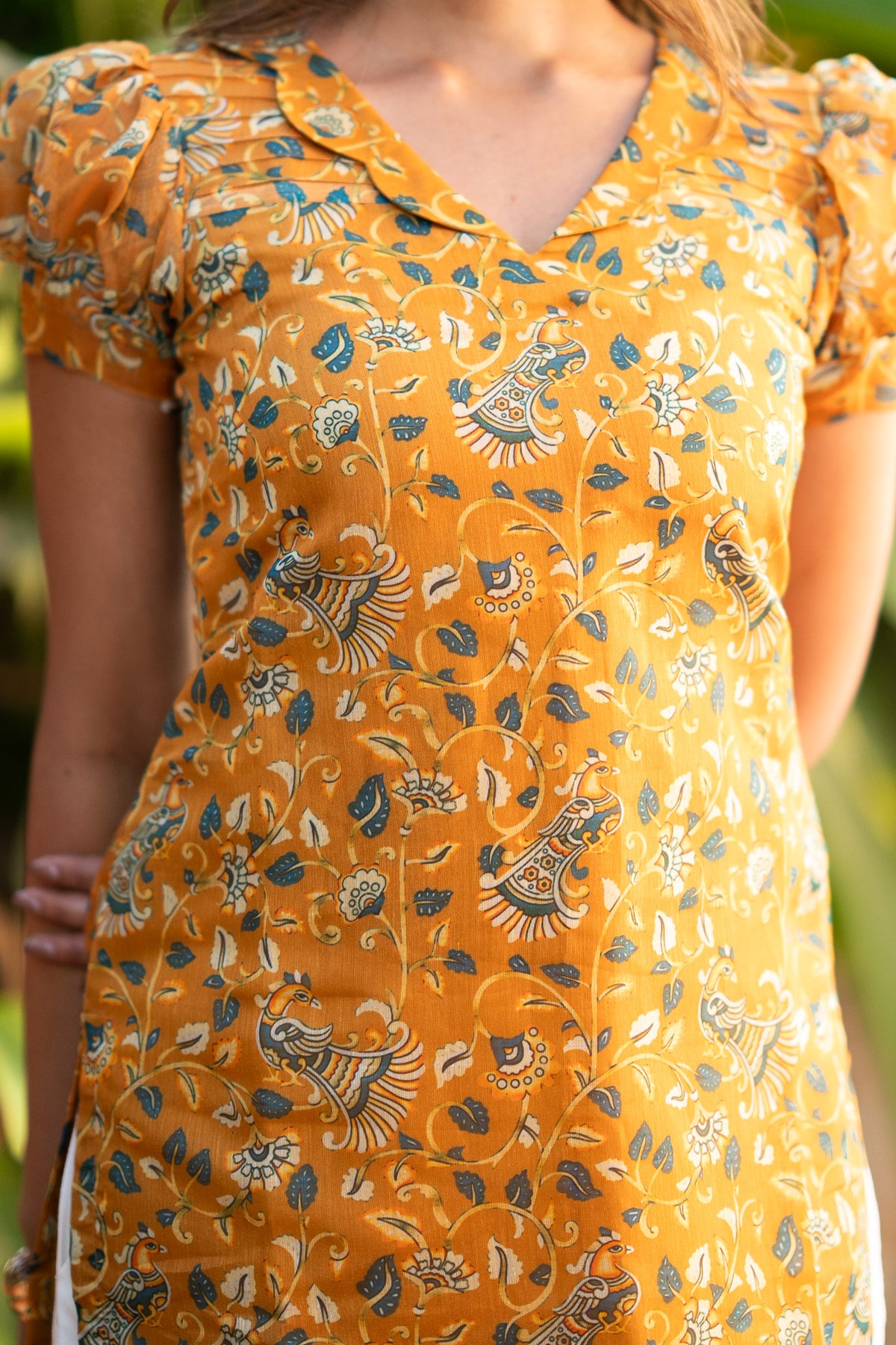 Mustard Peacock Chanderi Kurti Set