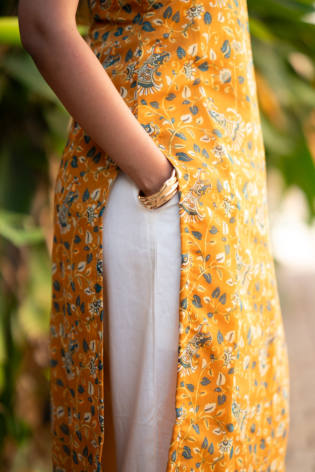 Mustard Peacock Chanderi Kurti Set