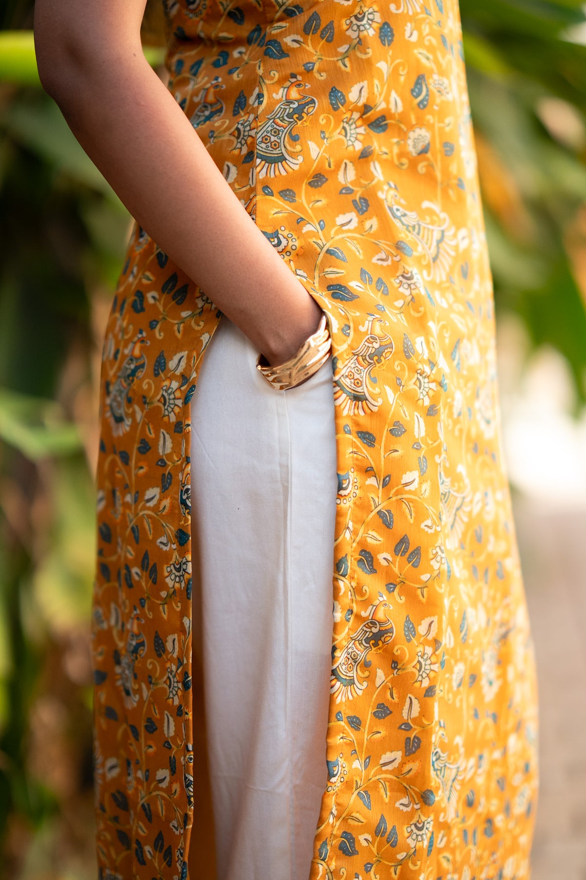 Mustard Peacock Chanderi Kurti Set