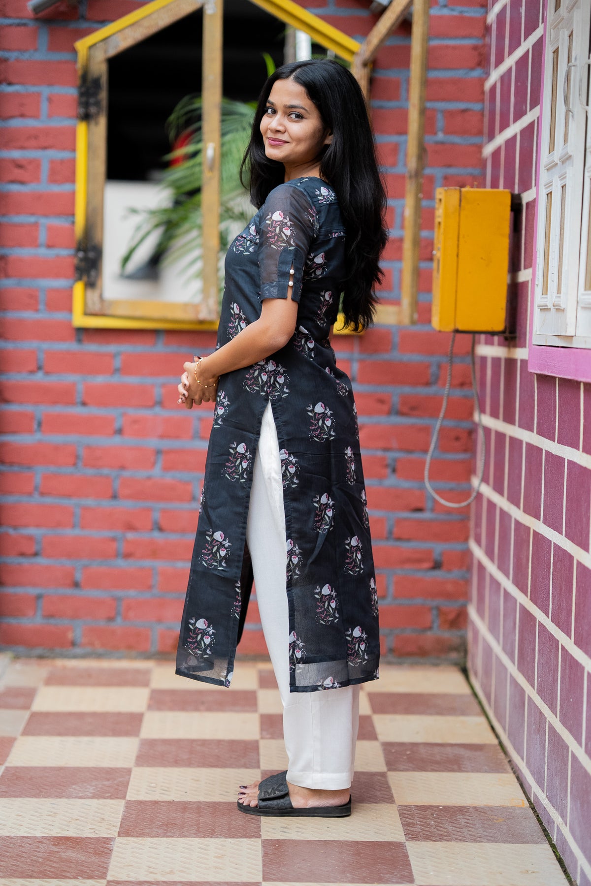 Charcoal Floral Chanderi Kurti Set
