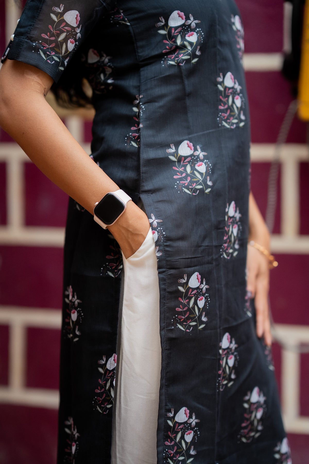Charcoal Floral Chanderi Kurti Set