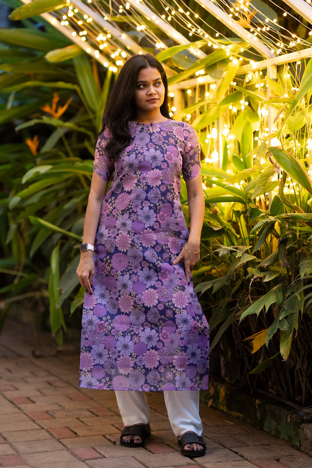 Plum Floral Chanderi Kurti Set