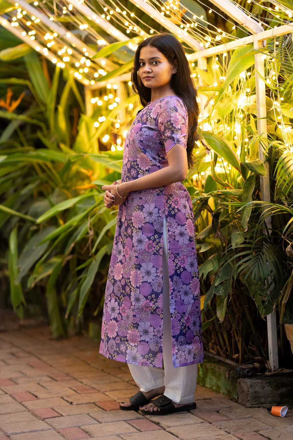 Plum Floral Chanderi Kurti Set