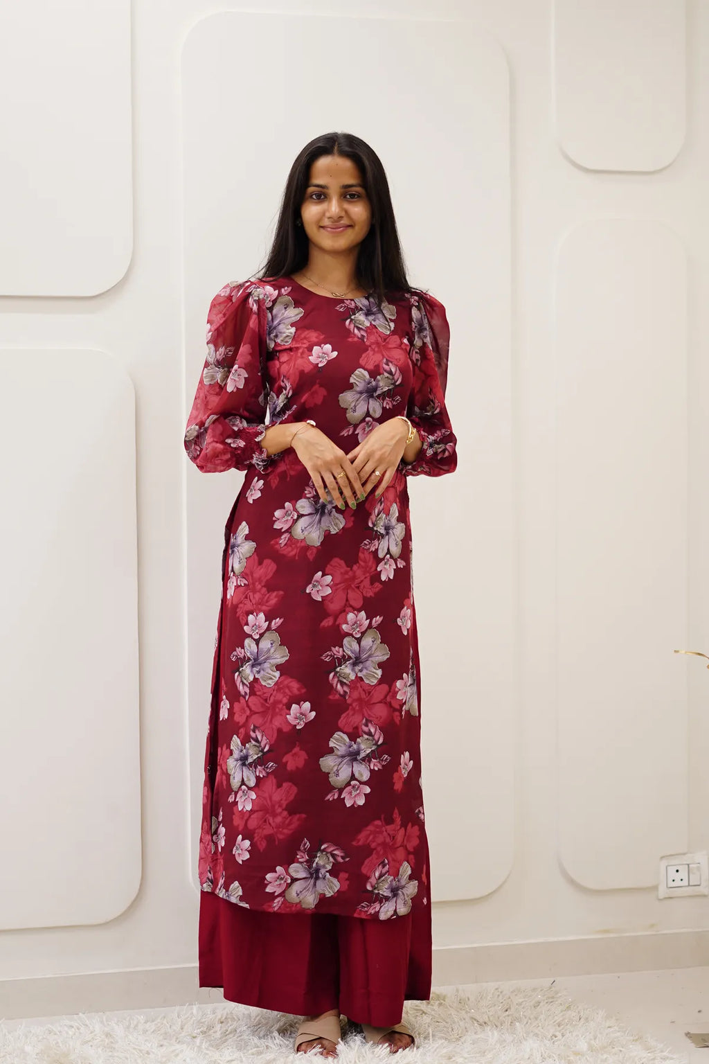 Burgundy Floral Korean Style Kurti Set