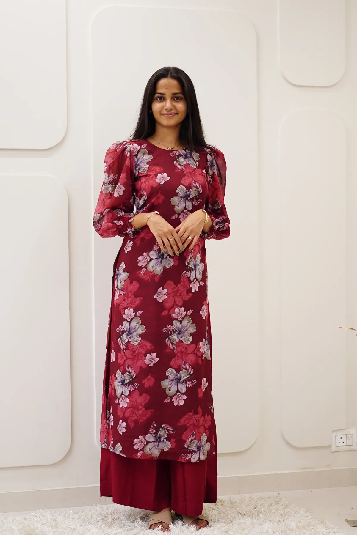 Burgundy Floral Korean Style Kurti Set